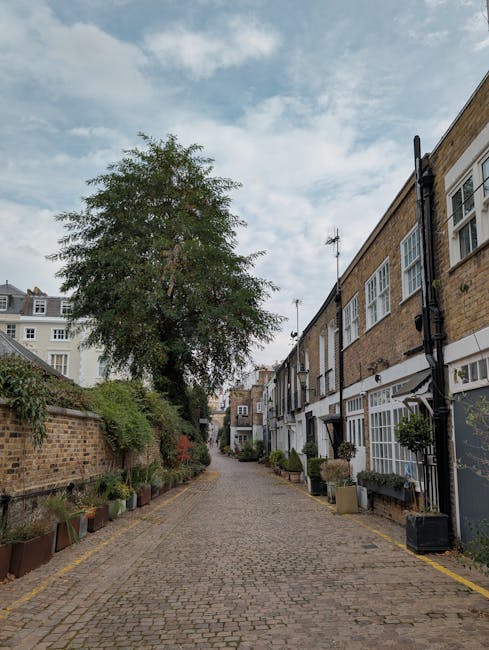 A narrow cobblestone alleyway lined with potted plants and greenery along a low brick wall on the left side, with residential terraced houses on the right, featuring white-framed sash windows, brick and white-painted facades, and black drainage pipes attached to the walls. A large tree with dense green foliage extends overhead, partially obscuring the partly cloudy sky. The scene appears quiet and well-maintained, reflecting an urban residential environment, which may occasionally require private or alternative waste clearance services. The absence of visible rubbish or clutter suggests the area is tidy, but the proximity of potted plants and the narrow nature of the alley highlight the importance of effective rubbish collection for such communal outdoor spaces. Rubbish Clearance Kensington offers collection solutions that could be suitable for managing waste in these settings, supporting proper waste handling in urban residential mews. Lighting is natural with soft daylight, and shadows cast by the tree and buildings emphasize the vertical and horizontal textures of the brickwork and pavement, contributing to a calm, orderly atmosphere typical of such private alleyways.