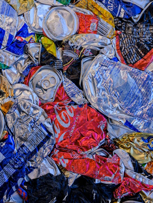 A close-up image of a pile of crushed and crumpled aluminum cans and plastic beverage bottles, primarily in silver, red, blue, and yellow colors. The cans show visible metallic textures with some labels, including a recognizable red Coca-Cola logo on a crushed can. The plastic bottles are partially flattened with visible caps and labels, some torn or wrinkled. The objects are clustered together on a surface, filling the frame entirely, with no clear background visible. The lighting highlights the reflective surfaces of the cans and bottles, emphasizing their metallic sheen and vibrant colors. The scene illustrates waste materials that could be subject to collection or disposal through private rubbish clearance services, such as those offered by Rubbish Clearance Kensington, aligning with the context of non-local authority waste handling or alternative rubbish removal options.