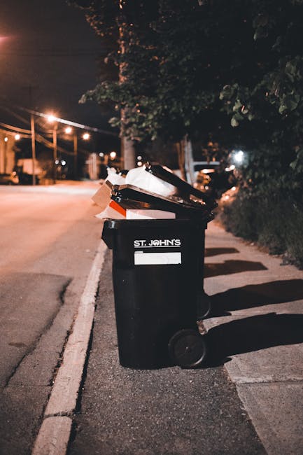 A black wheeled waste bin positioned on a city sidewalk at night, labeled 'St. John's' with a partially obscured white label, filled with assorted rubbish including paper and cardboard, with the lid open. The bin is situated near a curb with a lane of empty street extending into the distance, illuminated by streetlights casting a warm glow. Tall trees and dark bushes line the sidewalk behind the bin, and faint building lights are visible further along the road. The scene illustrates an urban setting suitable for private waste collection services or on-site rubbish removal, as part of alternative waste handling options outside of standard council rubbish disposal methods. The environment appears calm, with minimal foot or vehicle traffic, highlighting the bin's informal placement on the pavement, which is typical for household or small business rubbish disposal.
